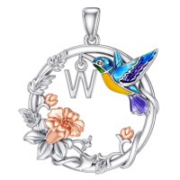wholesale 925 Sterling Silver Hummingbird & Flower Pendant Necklaces for Women Girls Gifts Alphabet Initial Letter P Charm Chain Jewelry Set Blue Purple Yellow Gold Tone Enamel Colorful Artistic Design-W Without Chain