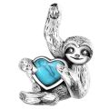 wholesale 925 Sterling Silver Cute Sloth Blue Heart Crystal Pendant Necklace Oxidized Finish-0-30