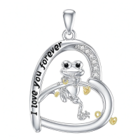 wholesale 925 Sterling Silver Two Tone Frog Heart Pendant Necklace Cubic Zirconia I Love You Forever-Frog-Heart Without Chain