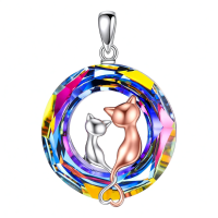 wholesale 925 Sterling Silver Rainbow Crystal Cat Pendant Necklace with Rose Gold Plated Kitty Charm s for Women Girls-04 two cats Without Chain