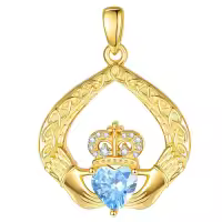 wholesale 925 Sterling Silver Claddagh Birthstone Pendant Necklaces for Women-03 Mar - Aquamarine Without Chain