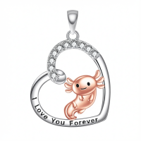 wholesale 925 Sterling Silver Axolotl Necklace with Rose Gold Plated Pendant and Cubic Zirconia Stones for Women Girls Gifts Jewelry-01-Axolotl necklace Without Chain