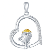 wholesale 925 Sterling Silver Lion Heart Pendant Necklace With Gold Hat And Cz Stones-Lion Without Chain