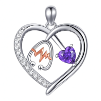 wholesale 925 Sterling Silver Gemstone Heart Stethoscope Pendant Necklace for Women-A2:February-Amethyst Without Chain