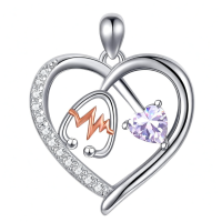 wholesale 925 Sterling Silver Gemstone Heart Stethoscope Pendant Necklace for Women-A6:June-light Amethyst Without Chain