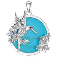wholesale 925 Sterling Silver Hummingbird Turquoise Stone Flower Pendant Necklace for Women Girls-Hummingbird Without Chain