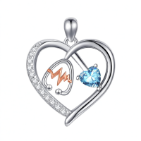 wholesale 925 Sterling Silver Gemstone Heart Stethoscope Pendant Necklace for Women-A3:March-Aquamarine Without Chain