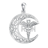 wholesale 925 Sterling Silver Crescent Moon Pendant With Caduceus And Rn Letters-Celtic Moon RN Necklace Without Chain