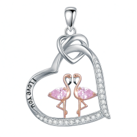 wholesale 925 Sterling Silver Heart Necklace Wholesale With Love You Inscription And Pink Flamingo Charm-Flamingo-2 Without Chain
