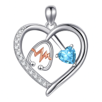 wholesale 925 Sterling Silver Gemstone Heart Stethoscope Pendant Necklace for Women-A12:December-Topaz Without Chain