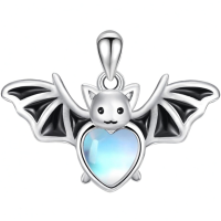 wholesale 925 Sterling Silver Heart-Shaped Moonstone Bat Pendant Necklace for Women Girls  48cm Chain Length-Bat Without Chain