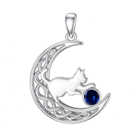 wholesale 925 Sterling Silver Cat And Moon Necklace Wholesale With Ruby Charm-September Without Chain