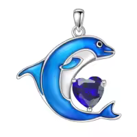wholesale 925 Sterling Silver Birthstone Blue Dolphin Pendant Necklace-September Without Chain