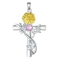 wholesale 925 Sterling Silver Cross Pendant With Red Gemstone And Lily Design-10-October-Marigold Without Chain