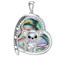 wholesale 925 Sterling Silver Chihuahua Puppy Mother Daughter Pendant Necklace With Heart Shaped Abalone Inlay-Chihuahua Necklace Without Chain