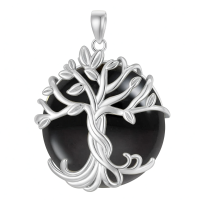 wholesale 925 Sterling Silver Tree Of Life Pendant Necklace Wholesale With Green Gemstone-1A-Tree of Life-White Gold-Black Onyx-1A-Tree of Life-White Gold-Black Onyx Without Chain