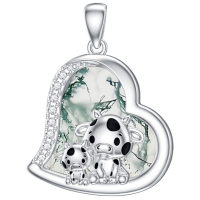 wholesale 925 Sterling Silver Mom Heart Shape Animal Pendant Necklaces for Women Girls Family Love Gift-05-15-Cow-Moss Agate Without Chain