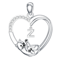 wholesale 925 Sterling Silver Stone Cat Heart Necklace w Initial 26 Alphabets Gift-Z Without Chain