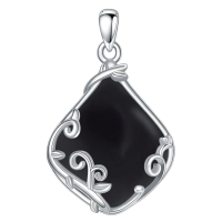 wholesale 925 Sterling Silver Black Enamel Teardrop Necklace Wholesale With Vine Detailing-Black Onyx Without Chain
