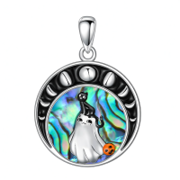 wholesale 925 Sterling Silver Halloween Ghost Necklace with Abalone Shell and Crescent Moons Pendant-Black Cat Ghost Without Chain