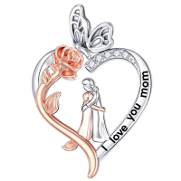 wholesale 925 Sterling Silver Rose Flower Heart Pendant I Love You Mom Necklace, Adjustable 18+2 Inch Chain, Mother's Day Gift-I Love You Mom Necklace Without Chain