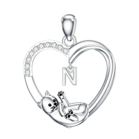 wholesale 925 Sterling Silver Stone Cat Heart Necklace w Initial 26 Alphabets Gift-N Without Chain