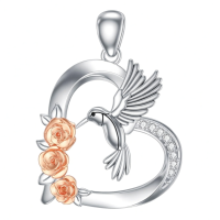 wholesale 925 Sterling Silver Hummingbird Heart Pendant With Rose And Diamonds-B Without Chain