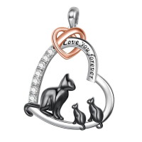 wholesale 925 Sterling Silver Love You Forever Heart Pendant Necklace - Mother and Cats Family -Mama Cat with 1 Kitten-Mama Cat with 1 Kitten Without Chain