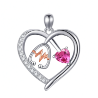 wholesale 925 Sterling Silver Gemstone Heart Stethoscope Pendant Necklace for Women-A10:October-Tourmaline Without Chain