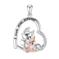 wholesale 925 Sterling Silver Mom Heart Shape Animal Pendant Necklaces for Women Girls Family Love Gift-04-Fox Without Chain