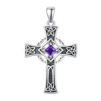 wholesale 925 Sterling Silver Garnet Celtic Cross Necklace for Men 22 +2 Chain-Silver-February Without Chain