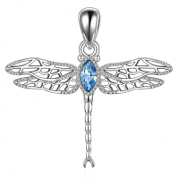 wholesale 925 Sterling Silver Blue Crystal Dragonfly Pendant Necklace for Women and Moms-Cubic Zirconia Without Chain