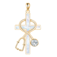 wholesale 925 Sterling Silver Cross with Stethoscope and Blue Crystal Pendant Necklace for Nurses-1-Stethoscope-White Opal-Gold Plated Without Chain