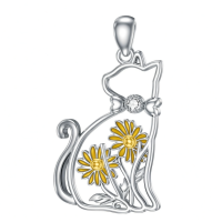 wholesale 925 Sterling Silver Labradorite Gemstone Christmas Holly Berry Cat Pendant Necklace for Women-4-Cat and Daisy Without Chain