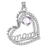 wholesale 925 Sterling Silver Heart Mom Pendant Necklace With Pink Cubic Zirconia For Women-06 June - Alexandrite Without Chain