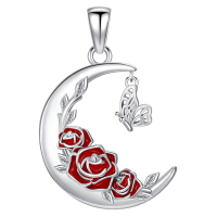 wholesale 925 Sterling Silver Crescent Moon Red Enamel Roses Butterfly Charm Pendant Necklace-Rose Necklace Without Chain