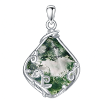 wholesale 925 Sterling Silver Black Enamel Teardrop Necklace Wholesale With Vine Detailing-Moss Agate Without Chain
