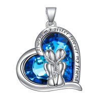 wholesale 925 Sterling Silver Sister Necklace With Blue Crystal Heart Pendant-Blue Crystal- Sister Necklace Without Chain