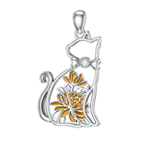 wholesale 925 Sterling Silver Labradorite Gemstone Christmas Holly Berry Cat Pendant Necklace for Women-11-Cat and Chrysanthemum Without Chain