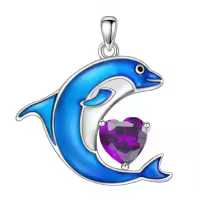 wholesale 925 Sterling Silver Birthstone Blue Dolphin Pendant Necklace-February Without Chain