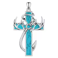 wholesale 925 Sterling Silver Black Enamel Deer Antlers Cross Pendant Necklace with Stainless steel chain for Men -2-06-Turquoise Without Chain