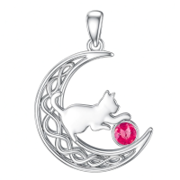 wholesale 925 Sterling Silver Cat And Moon Necklace Wholesale With Ruby Charm-July Without Chain