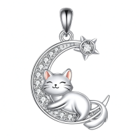 wholesale 925 Sterling Silver Cat on Crescent Moon Star Pendant Necklace for Women-Moon Cat Without Chain