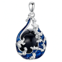 wholesale 925 Sterling Silver Blue Enamel Ocean Wave Whale Tail Pendant Necklace for Women-Obsidian Without Chain