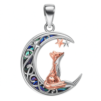 wholesale 925 Sterling Silver Crescent Moon Fox Pendant Necklace-Fox on Moon Without Chain