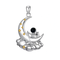 wholesale 925 Sterling Silver Crescent Moon Pendant Necklace With Gold Star Accents And Black Enamel Detail-astronaut necklace Without Chain