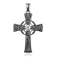 wholesale 925 Sterling Silver Garnet Celtic Cross Necklace for Men 22 +2 Chain-Black-April Without Chain