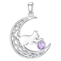 wholesale 925 Sterling Silver Cat And Moon Necklace Wholesale With Ruby Charm-June Without Chain