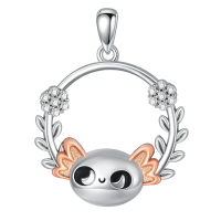 wholesale 925 Sterling Silver Cute Cat Pendant Necklace Wholesale With Rose Gold Ears And Crystal Flowers-Axolotl Without Chain