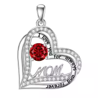 wholesale 925 Sterling Silver & Birthstone Mom Heart Pendant Necklaces Wholesale - I Love You Always Forever Engraved Gift for Mother Wife Grandma-01 Jan.- Garnet Without Chain